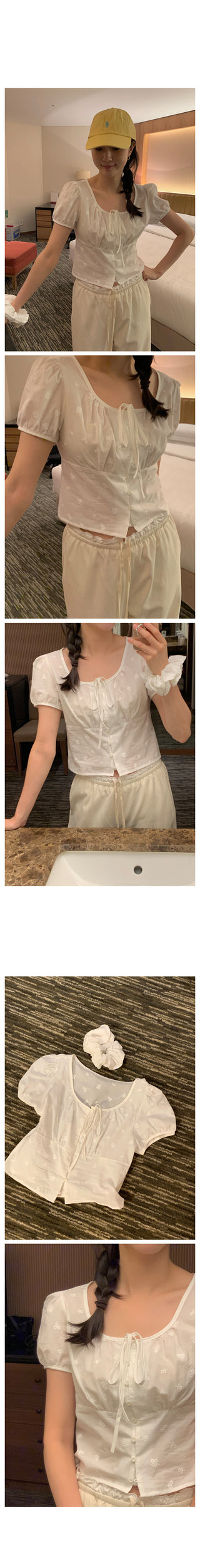 U-neck puff button blouse