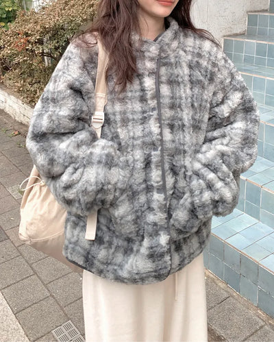 Down jacket x fleece reversible high-neck jacket
