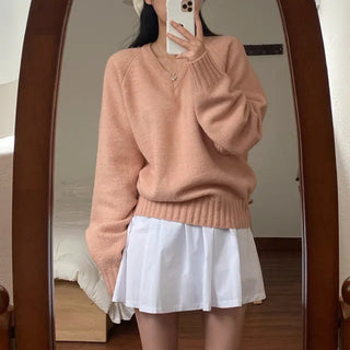 Loose-fit raglan pink V-neck knit