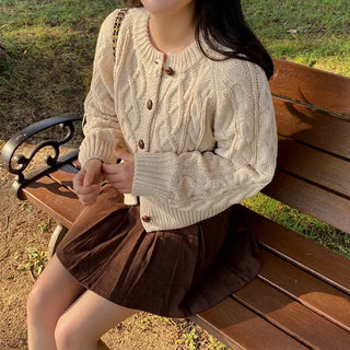 Oversized puff twist round long-sleeve knit cardigan