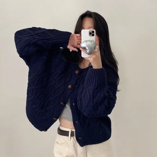 Oversized puff twist round long-sleeve knit cardigan