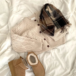 Oversized puff twist round long-sleeve knit cardigan