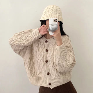 Oversized puff twist round long-sleeve knit cardigan