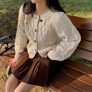 Oversized puff twist round long-sleeve knit cardigan