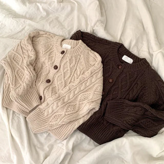 Oversized puff twist round long-sleeve knit cardigan