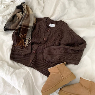 Oversized puff twist round long-sleeve knit cardigan