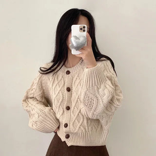 Oversized puff twist round long-sleeve knit cardigan