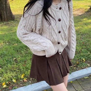 Oversized puff twist round long-sleeve knit cardigan