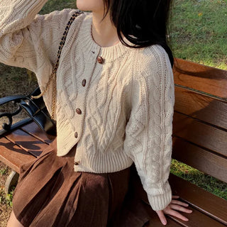 Oversized puff twist round long-sleeve knit cardigan