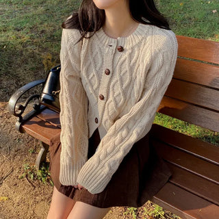 Oversized puff twist round long-sleeve knit cardigan