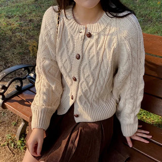 Oversized puff twist round long-sleeve knit cardigan