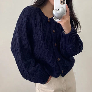 Oversized puff twist round long-sleeve knit cardigan