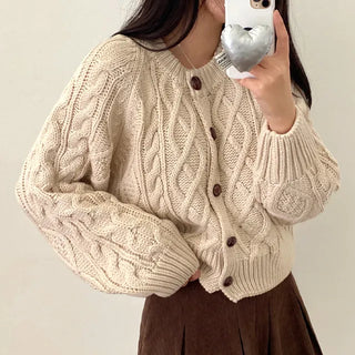 Oversized puff twist round long-sleeve knit cardigan