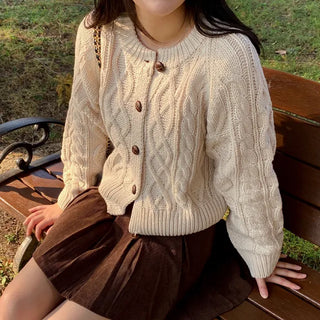 Oversized puff twist round long-sleeve knit cardigan
