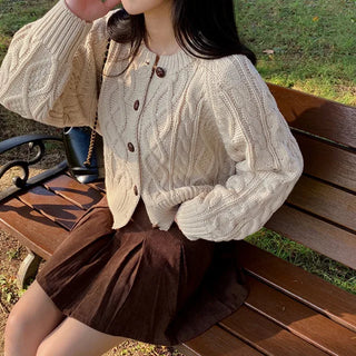 Oversized puff twist round long-sleeve knit cardigan