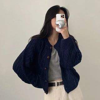 Oversized puff twist round long-sleeve knit cardigan