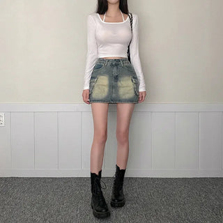 Denim skort mini cargo A-line denim skirt