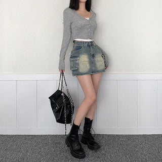 Denim skort mini cargo A-line denim skirt