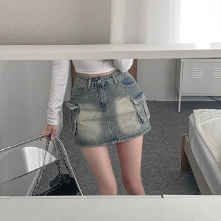 Denim skort mini cargo A-line denim skirt