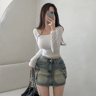 Denim skort mini cargo A-line denim skirt