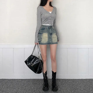 Denim skort mini cargo A-line denim skirt