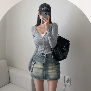Denim skort mini cargo A-line denim skirt