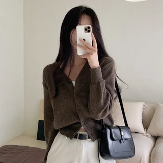 Layered Basic V-Neck Gray Short Knit Cardigan