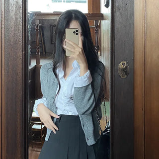 Layered Basic V-Neck Gray Short Knit Cardigan
