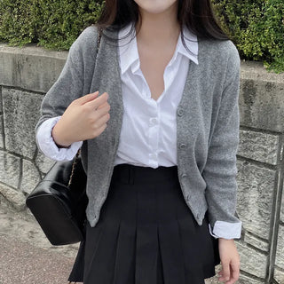 Layered Basic V-Neck Gray Short Knit Cardigan