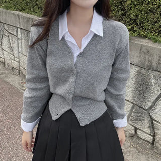Layered Basic V-Neck Gray Short Knit Cardigan