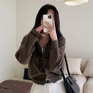 Layered Basic V-Neck Gray Short Knit Cardigan