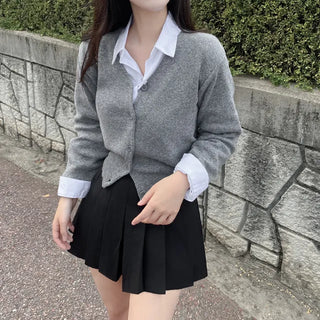 Layered Basic V-Neck Gray Short Knit Cardigan