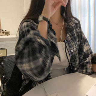 Autumn long-sleeved checkered long puff shirt