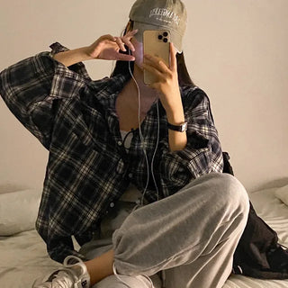 Autumn long-sleeved checkered long puff shirt