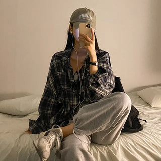 Autumn long-sleeved checkered long puff shirt
