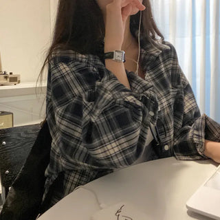 Autumn long-sleeved checkered long puff shirt