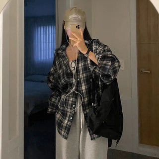 Autumn long-sleeved checkered long puff shirt