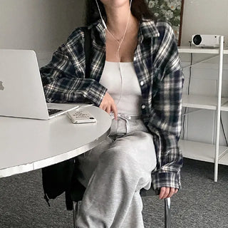 Autumn long-sleeved checkered long puff shirt