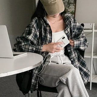 Autumn long-sleeved checkered long puff shirt