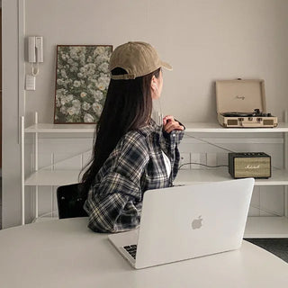 Autumn long-sleeved checkered long puff shirt