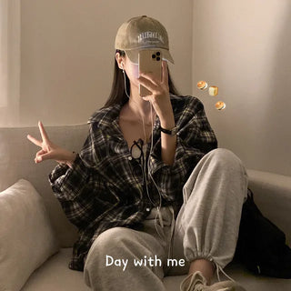 Autumn long-sleeved checkered long puff shirt
