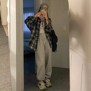 Autumn long-sleeved checkered long puff shirt
