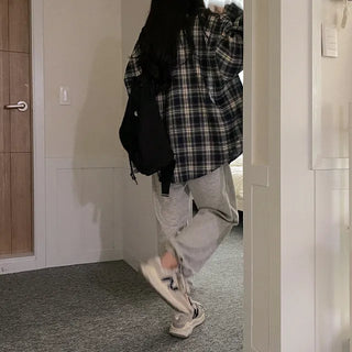 Autumn long-sleeved checkered long puff shirt