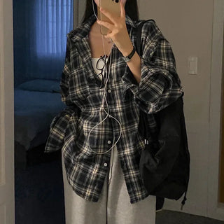 Autumn long-sleeved checkered long puff shirt