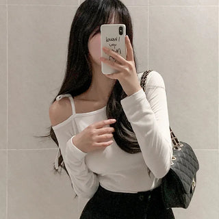 Fleece-lined asymmetrical cropped off-shoulder top with ribbon