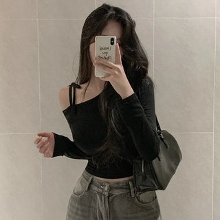 Fleece-lined asymmetrical cropped off-shoulder top with ribbon