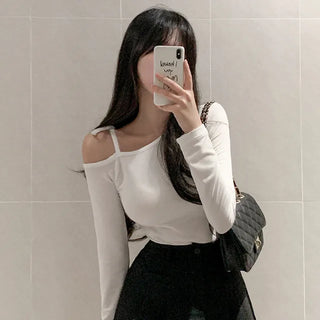 Fleece-lined asymmetrical cropped off-shoulder top with ribbon