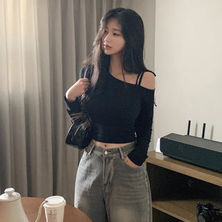 Fleece-lined asymmetrical cropped off-shoulder top with ribbon