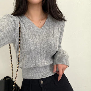 Wool cropped twist pink V-neck knit