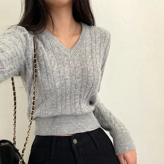Wool cropped twist pink V-neck knit
